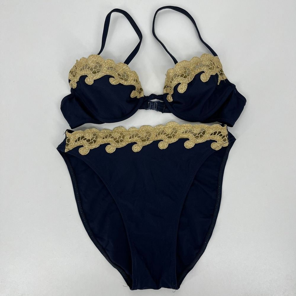 Gottex Vintage Navy Blue Gold Metallic Lace Underwire Bikini Set USA 8/10